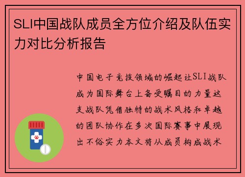 SLI中国战队成员全方位介绍及队伍实力对比分析报告